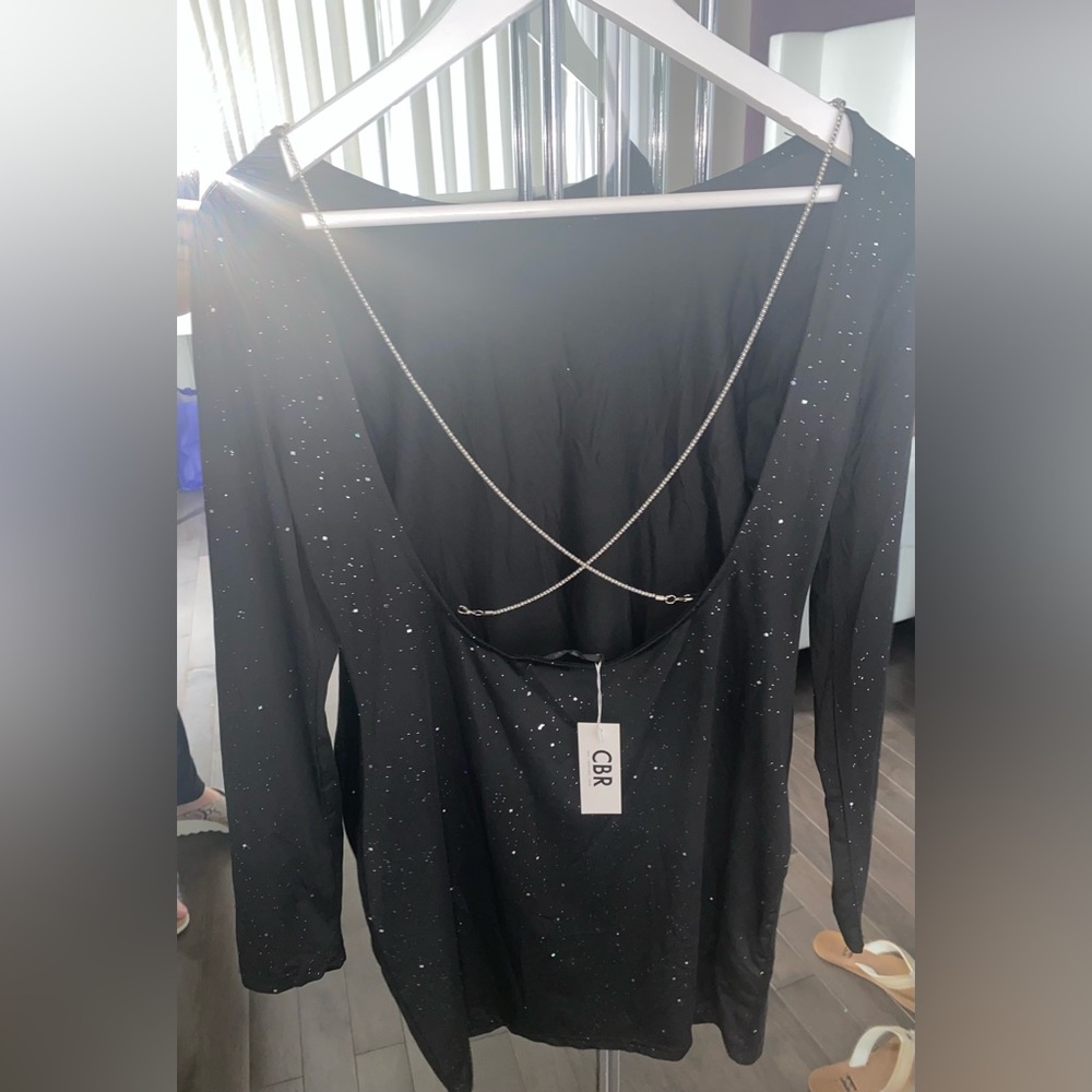 Black long sleeve s t a r g a z e dress with Silver chain back